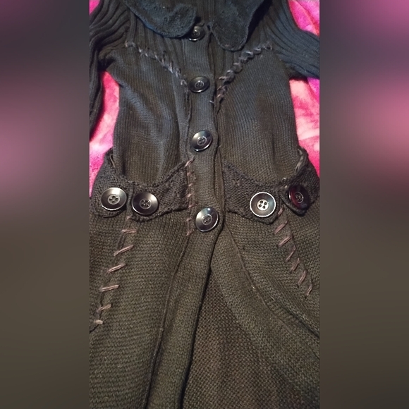 Fantazia Womens Cardigan Sweater WOOL Duster POCKETS Buttons Black Large LY - Picture 3 of 3